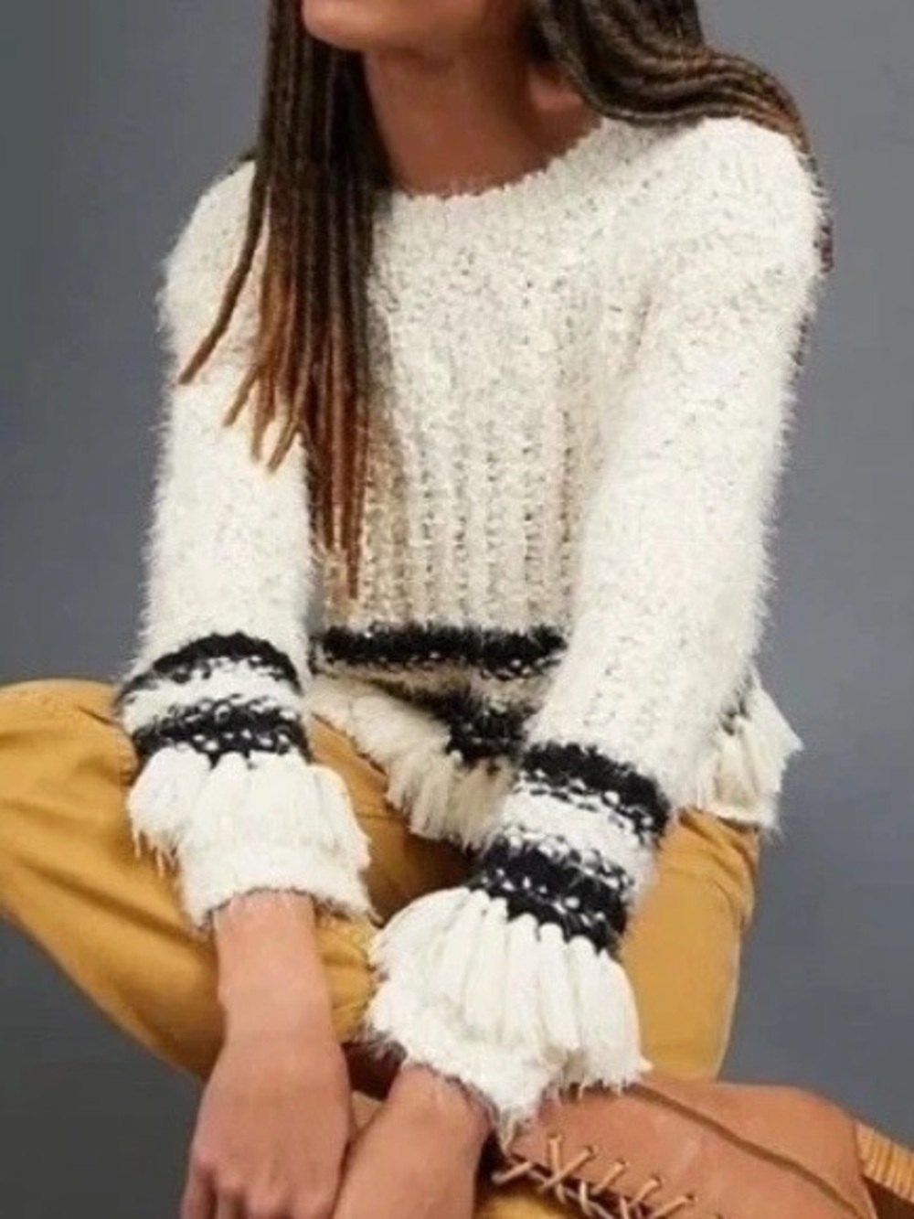 Amadi Anthropologie Fuzzy Textured Sweater Boho Cozycore Small Ivory Black